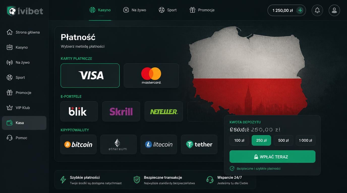 Ikony metod płatności: Visa, Mastercard, portfele elektroniczne, krypto, Polska flaga, interfejs kasyna