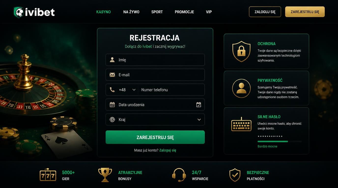 formularz rejestracji Ivibet z ikoną tarczy prywatności i silnym hasłem