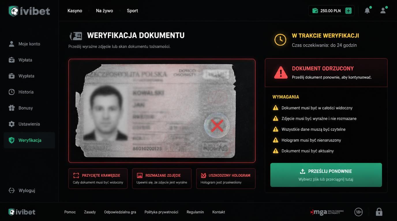 nieczytelne dokumenty, ucięte krawędzie, brak hologramu